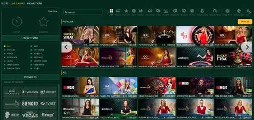 Live casino lobby with roulette, baccarat and blackjack tables and their limits